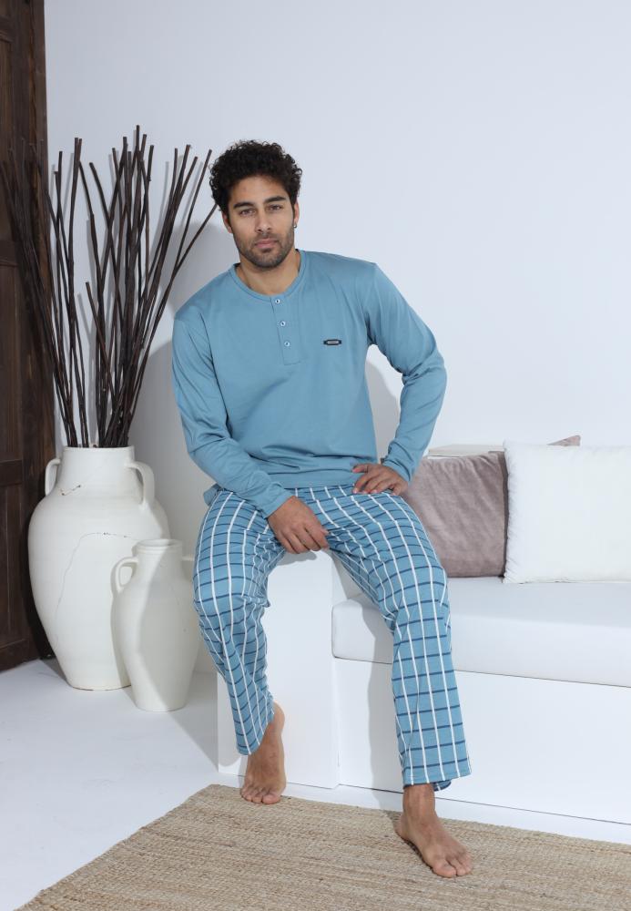 Pijama Barbati ,Maneca si Pantaloni Lungi,Culoare Turcoaz cu Alb,Engros